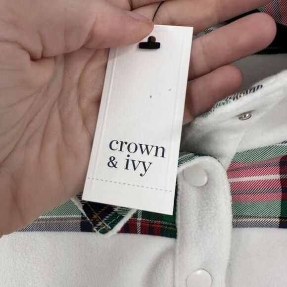 Crown & Ivy NWT Women's Ivory Tartan Plaid Fleece Pullover Jacket Size L Holiday - Picture 8 of 11